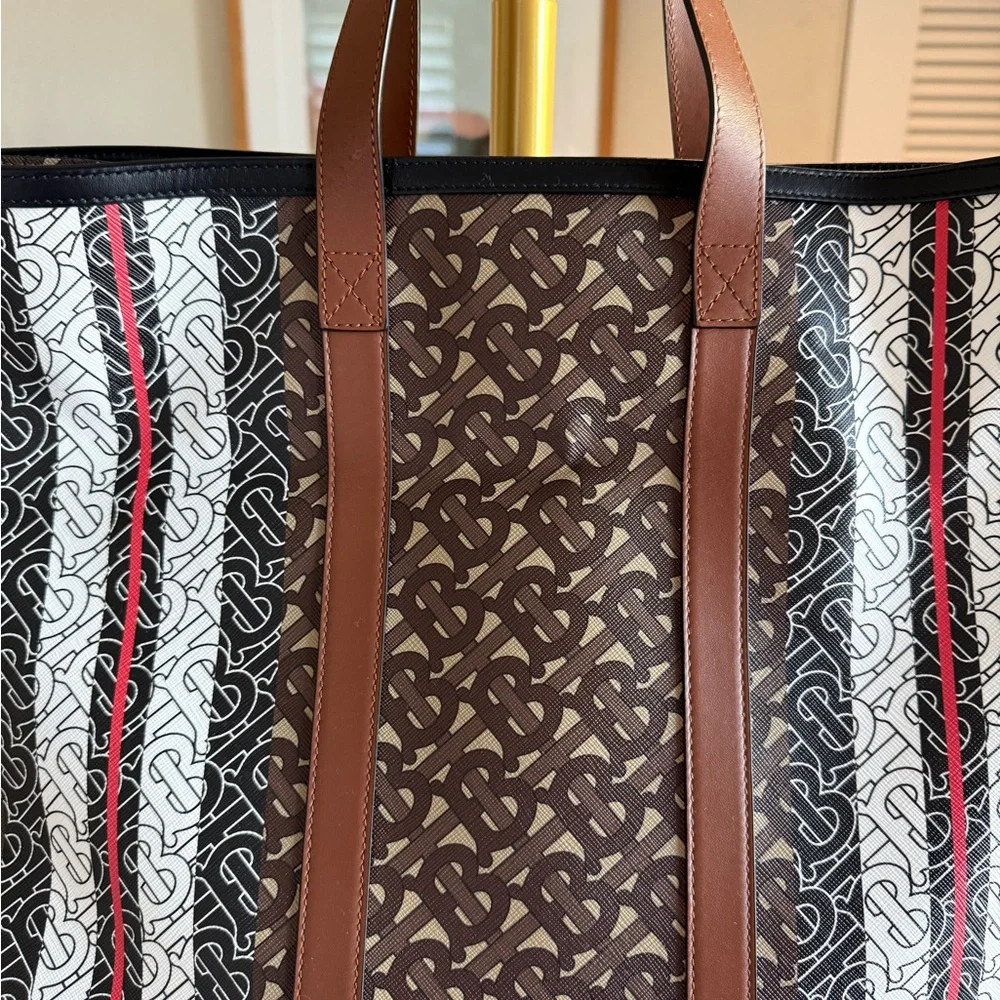 Burberry Brown Monogram Stripe Canvas Tote with White and Red Accents